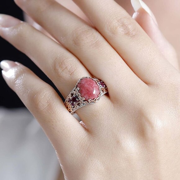 Ring Thulite and Orissa Rhodolite Garnet 6.65 ctw Victorian Blossom Size 10 - Picture 3 of 6